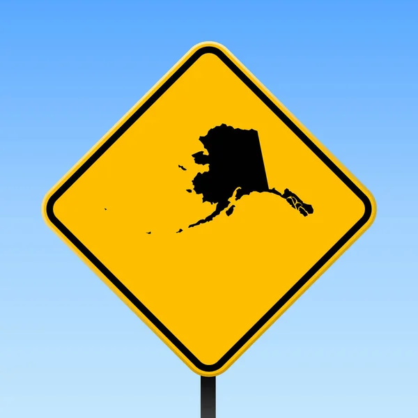 Alaska map on road sign Square poster with Alaska us state map on yellow rhomb road sign Vector — Stock Vector