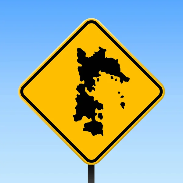 Mapa de Patmos en la señal de tráfico Cartel cuadrado con mapa de la isla de Patmos en rombo amarillo señal de tráfico Vector — Vector de stock