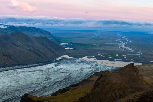 Aerial view of moraine glacier river in South Iceland Sunset scene meandering river net with white — Stock Photo, Image