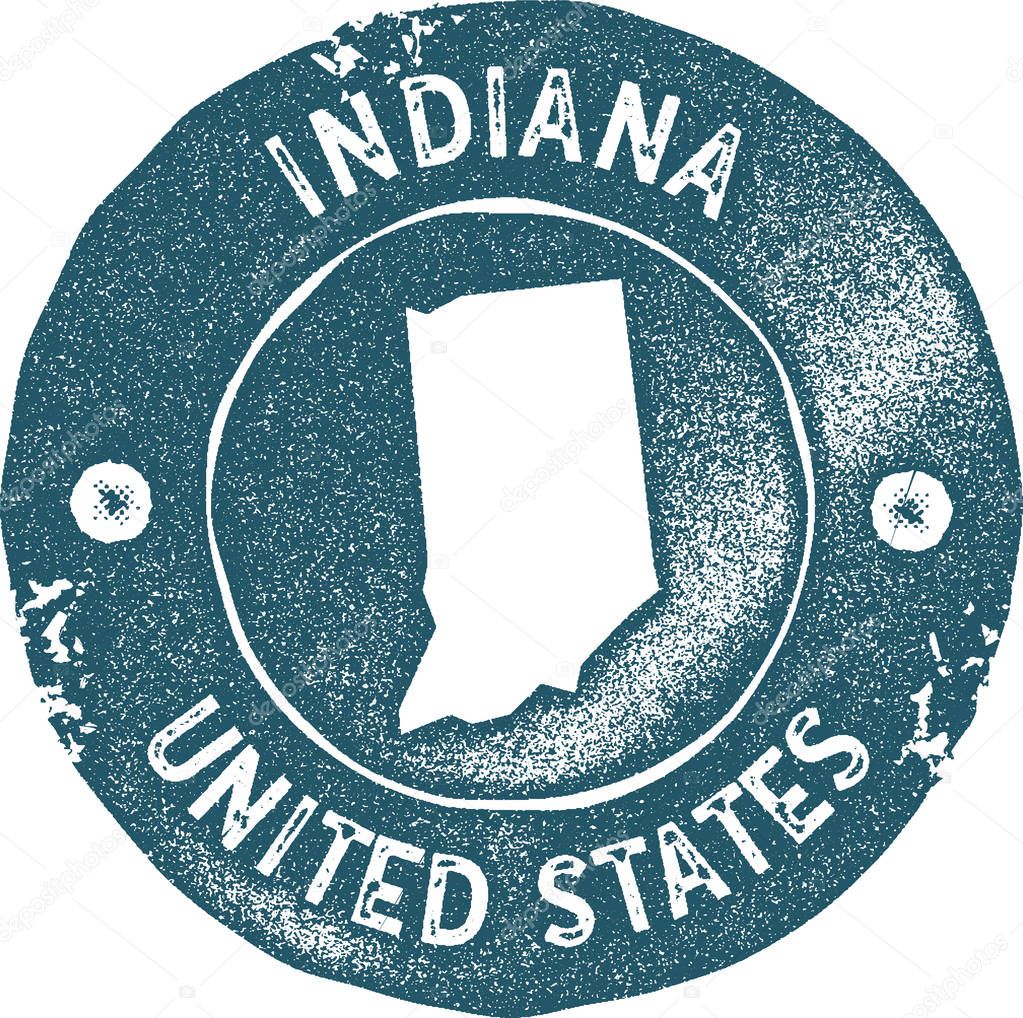 Indiana map vintage stamp. Retro style handmade label, badge or element for travel souvenirs. Blue rubber stamp with us state map silhouette. Vector illustration.