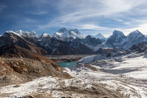 Everest Dağı ve Gokyo Gölü panoramik manzara muhteşem Himalaya Dağları ile sahne zümrüt