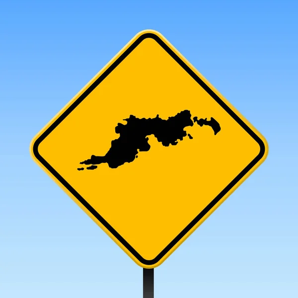 Tortola mapa en la señal de tráfico Cartel cuadrado con la isla de Tortola mapa en rombo amarillo señal de tráfico Vector — Vector de stock