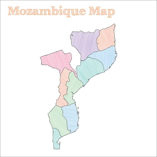 Mozambik handdrawn yarım yamalak ülke anahat şık Mozambik Haritası iller ile göster — Stok Vektör