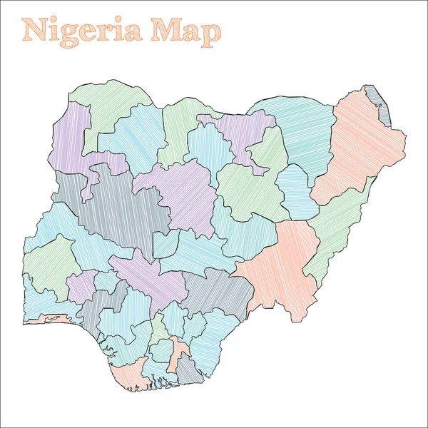 Nigeria mappa disegnata a mano Colourful abbozzato paese Trending Nigeria mappa con province — Vettoriale Stock