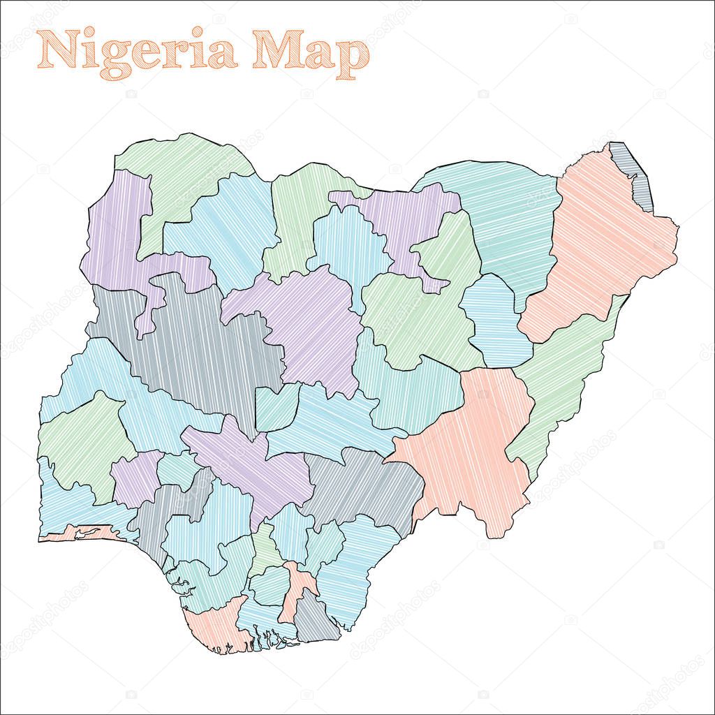 Nigeria handdrawn map Colourful sketchy country outline Trending Nigeria map with provinces