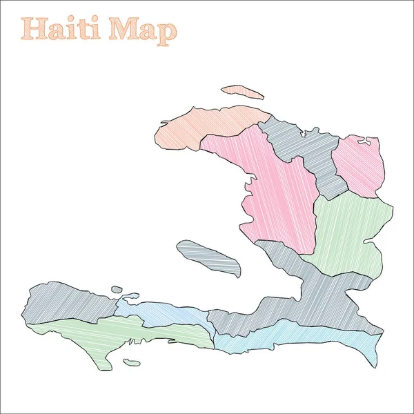 Haití mapa dibujado a mano Esquema de país incompleto colorido Juicy Haití mapa con provincias Vector — Vector de stock