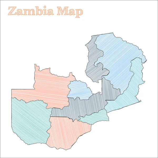 Zambia håndtegnet kort Farverig skitse over landet Fantastisk Zambia kort med provinser – Stock-vektor