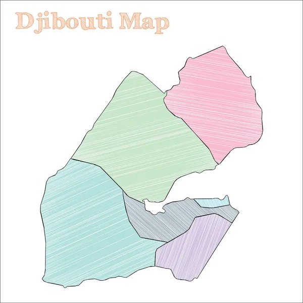 Mapa dibujado a mano de Djibouti Esquema esquemático colorido del país Mapa excepcional de Djibouti con provincias — Vector de stock