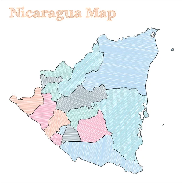 Nicaragua mappa disegnata a mano Colorato contorno paese abbozzato Non comune Nicaragua mappa con province — Vettoriale Stock