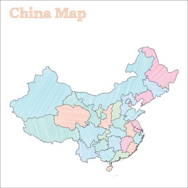 Çin handdrawn harita yarım yamalak ülke anahat iyi Çin eyaletleri ile vektör harita