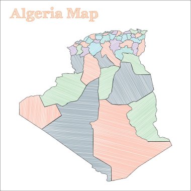 Cezayir handdrawn harita yarım yamalak ülke anahat ilave Cezayir illeri ile vektör harita