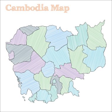 Kamboçya handdrawn yarım yamalak ülke anahat özgün Kamboçya haritası iller ile göster