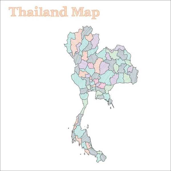 Thaiföld handdrawn színes vázlatos ország szerkezeti tartományok finom Thaiföld Térkép megjelenítése — Stock Vector