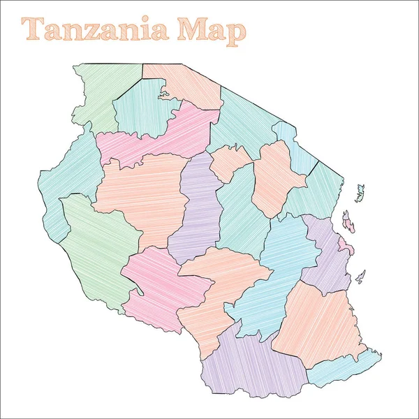 Tanzania handdrawn mapy kolorowe szkicowy kraju konspektu czarujący Tanzania mapę z prowincji — Wektor stockowy