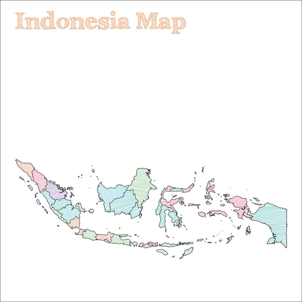 Peta gambar tangan Indonesia Peta sketsa warna-warni Garis luar negeri Peta hidup Indonesia dengan provinsi - Stok Vektor