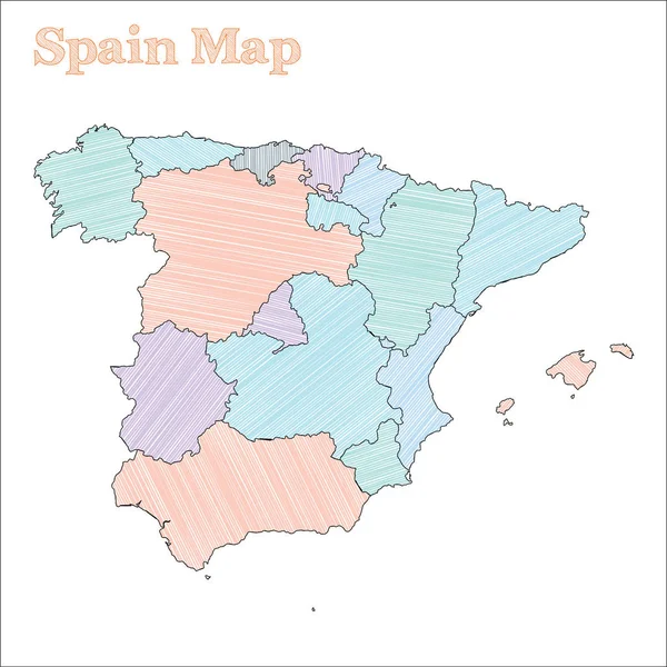 Espagne carte dessinée à la main contour de pays croquis coloré Fancy Espagne carte avec les provinces vectoriel — Image vectorielle