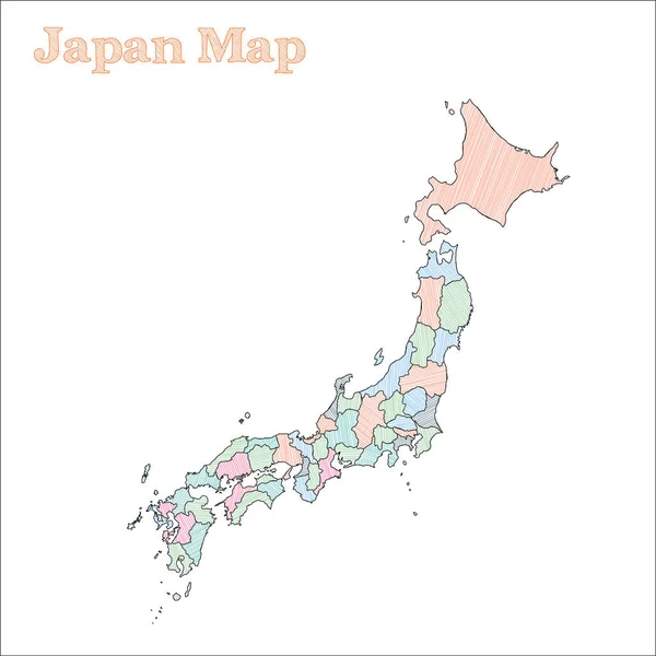 Japan handdrawn map Colourful sketchy country outline Neat Japan map with provinces Vector — Stock Vector