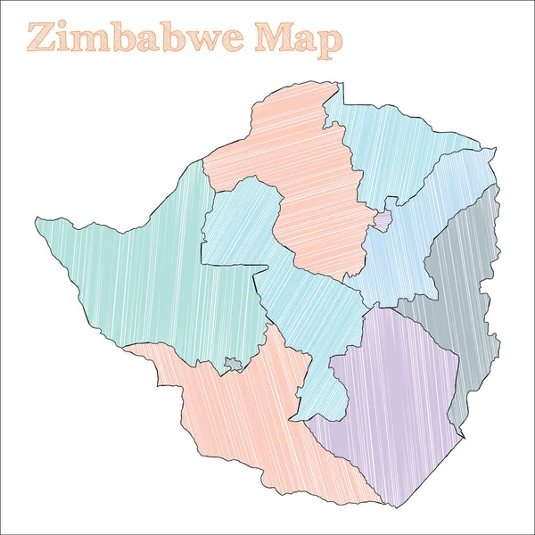 Zimbábue mapa desenhado à mão Quadro colorido país esboço Fascinante Zimbábue mapa com províncias — Vetor de Stock