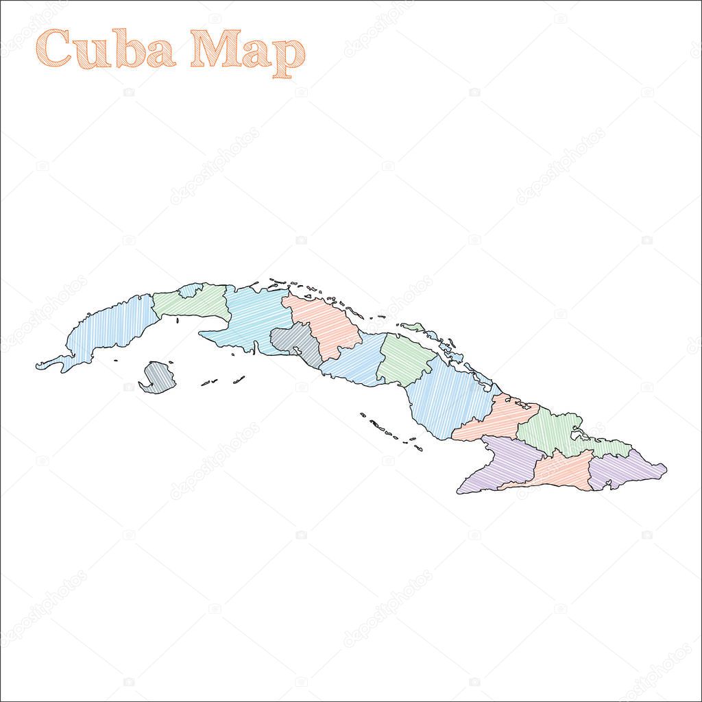 Cuba handdrawn map Colourful sketchy country outline Eminent Cuba map with provinces Vector