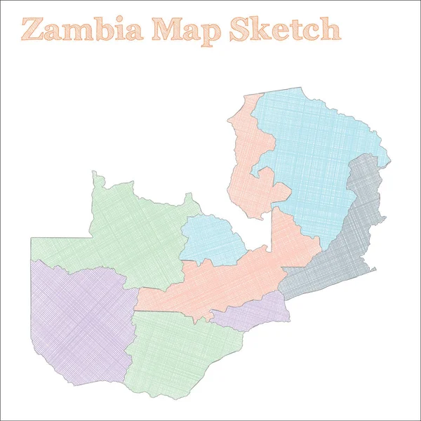 Zambiya Haritası Handdrawn ülke fantastik yarım yamalak Zambiya Haritası bölgeler vektör çizim ile