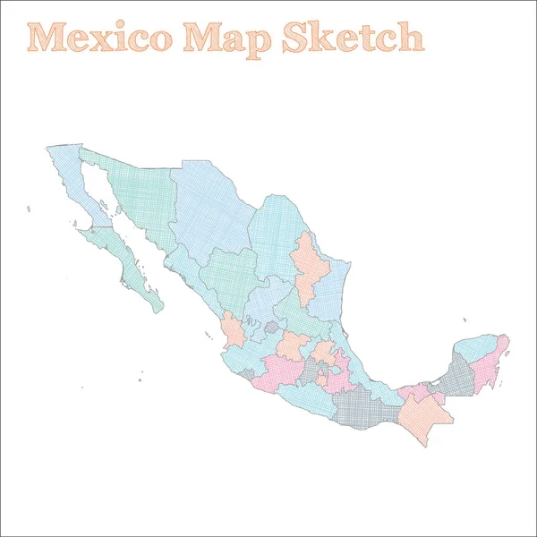 México mapa País desenhado à mão Notável esboço México mapa com regiões Ilustração vetorial — Vetor de Stock