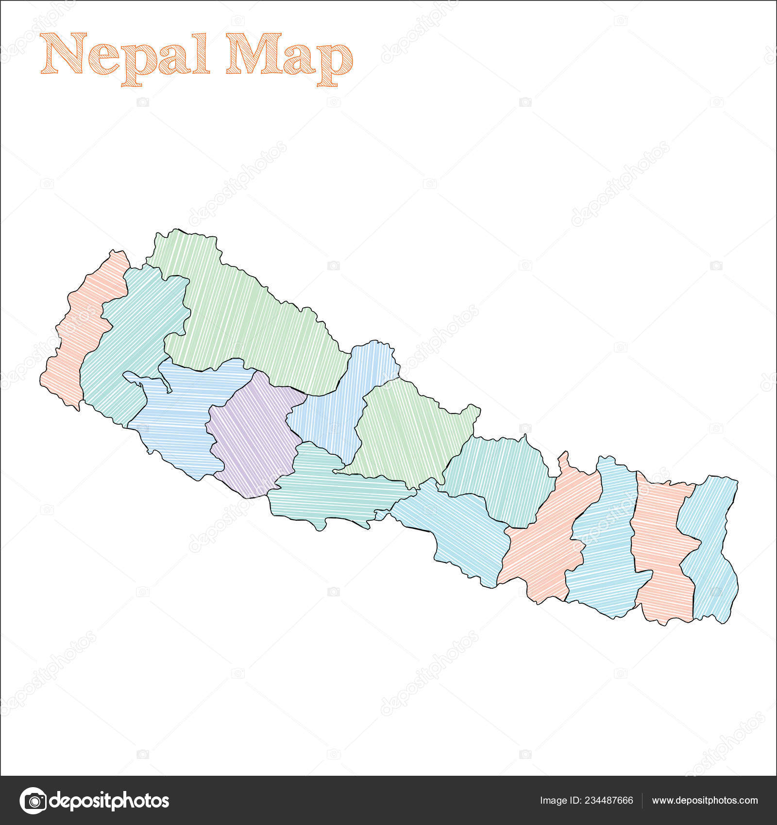 尼泊尔手绘地图五颜六色的粗略的国家概述异常尼泊尔地图与省向量图库矢量图©Eugene Ga 234487666
