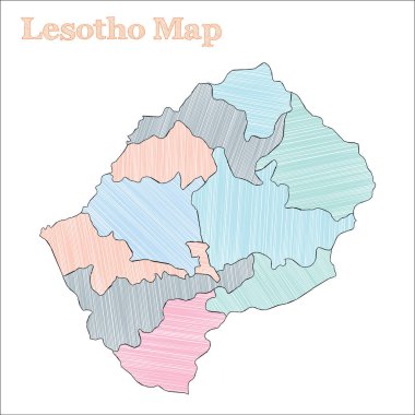 Lesotho handdrawn yarım yamalak ülke anahat güçlü Lesoto Haritası iller ile göster