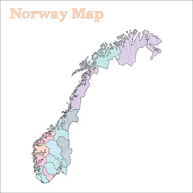 Norveç handdrawn harita yarım yamalak ülke anahat benzersiz Norveç eyaletleri ile vektör harita
