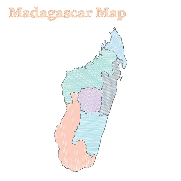 马达加斯加手绘地图五颜六色的粗略的国家概述肆虐马达加斯加地图与 — 图库矢量图片