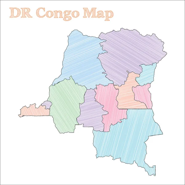 República Democrática del Congo mapa dibujado a mano Esquema de país esquemático colorido Divina República Democrática del Congo mapa con provincias — Vector de stock