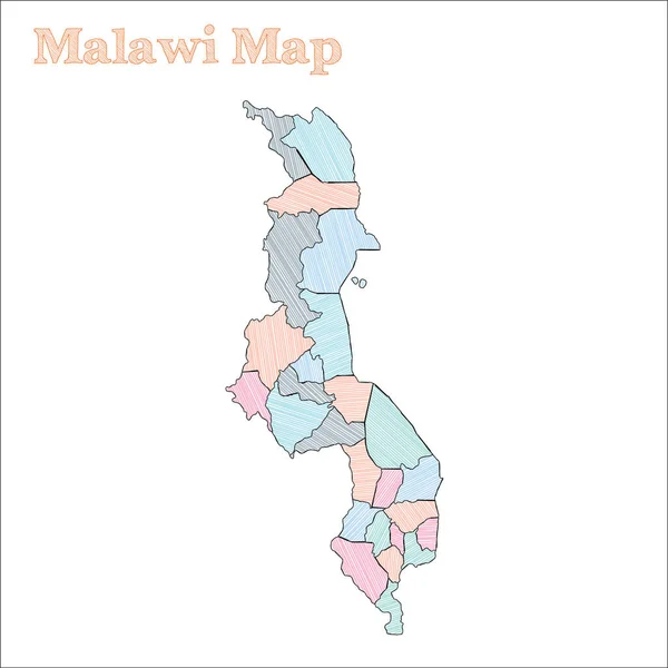 Malawi handdrawn mapy kolorowe szkicowy kraju konspektu Znakomity Malawi na mapie prowincje wektor — Wektor stockowy