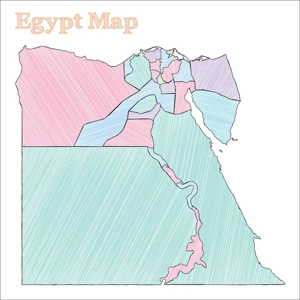 Egitto mappa disegnata a mano Colourful contorno paese abbozzato Favoloso Egitto mappa con province Vettore — Vettoriale Stock