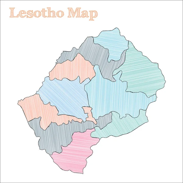 Lesotho handgetekende kaart kleurrijke schetsmatig land overzicht krachtige Lesotho kaart met provincies — Stockvector