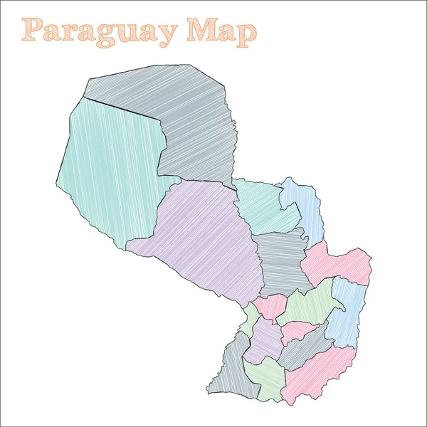 파라과이 handdrawn 지도 다채로운 스케치 국가 개요 지방과 재미 있는 파라과이 지도 — 스톡 벡터