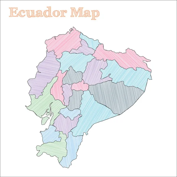 厄瓜多尔手绘地图五颜六色的粗略的国家概述非凡厄瓜多尔地图与省 — 图库矢量图片