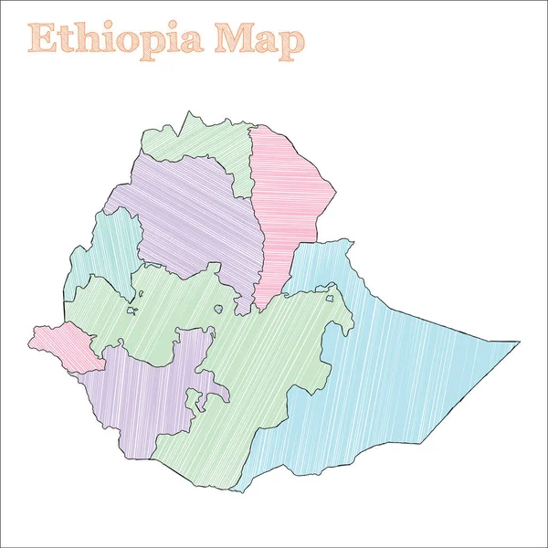 Etiopia mappa disegnata a mano Colorato abbozzo paese Affascinante mappa Etiopia con province — Vettoriale Stock