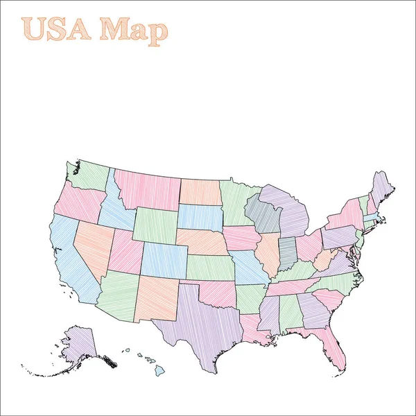 USA carte dessinée à la main contour de pays croquis coloré Carte exotique des Etats-Unis avec les provinces vectorielle — Image vectorielle