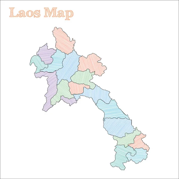 Laosz handdrawn megjelenítése színes vázlatos ország szerkezeti kellemes Laosz Térkép a tartományok vektor — Stock Vector