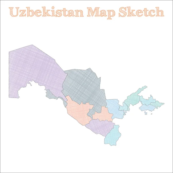 Mapa de Uzbekistán País dibujado Exquisito bosquejo Mapa de Uzbekistán con regiones Vector — Vector de stock