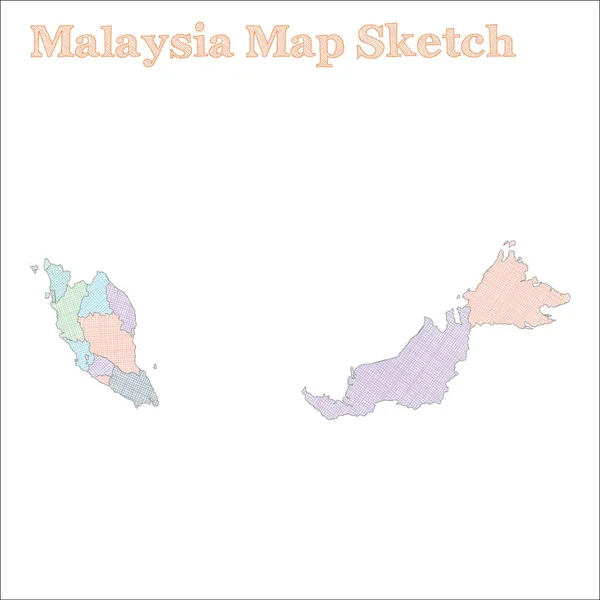 Mapa Malajsie Handdrawn země Surprising útržkovité Malajsie mapu s regiony vektorové ilustrace — Stockový vektor