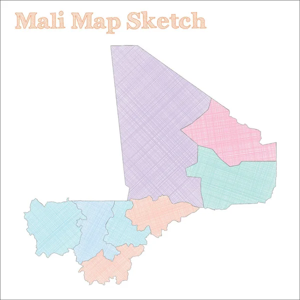 Mali kaart handgetekende land Shapely schetsmatig Mali kaart met regio's vectorillustratie — Stockvector