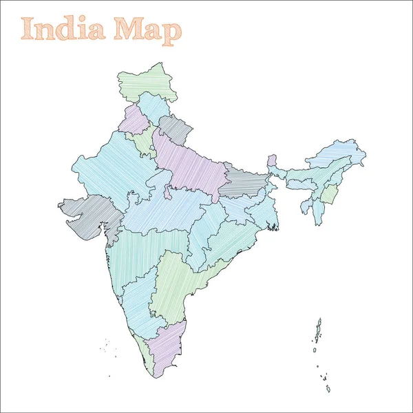 Inde carte dessinée à la main contour de pays croquis coloré Belle carte de l'Inde avec les provinces vectoriel — Image vectorielle
