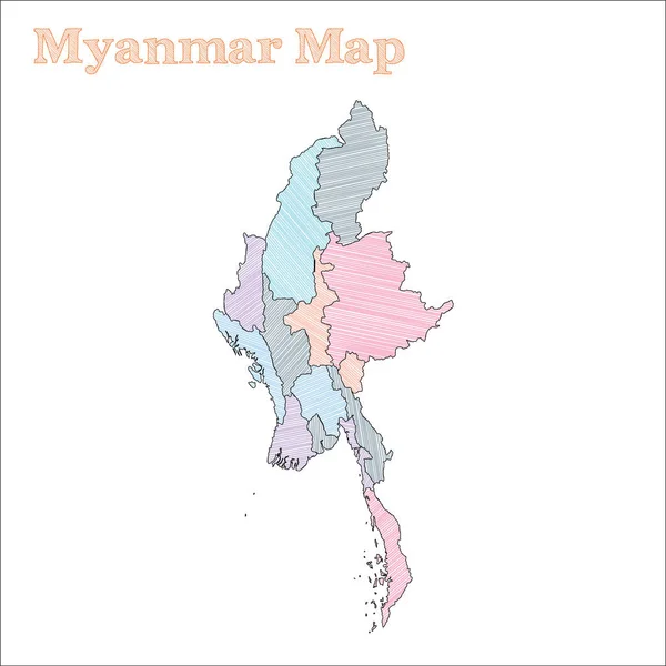 Myanmar handgezeichnete Karte bunte skizzenhafte Länderumrisse sehenswert myanmar Karte mit Provinzen — Stockvektor