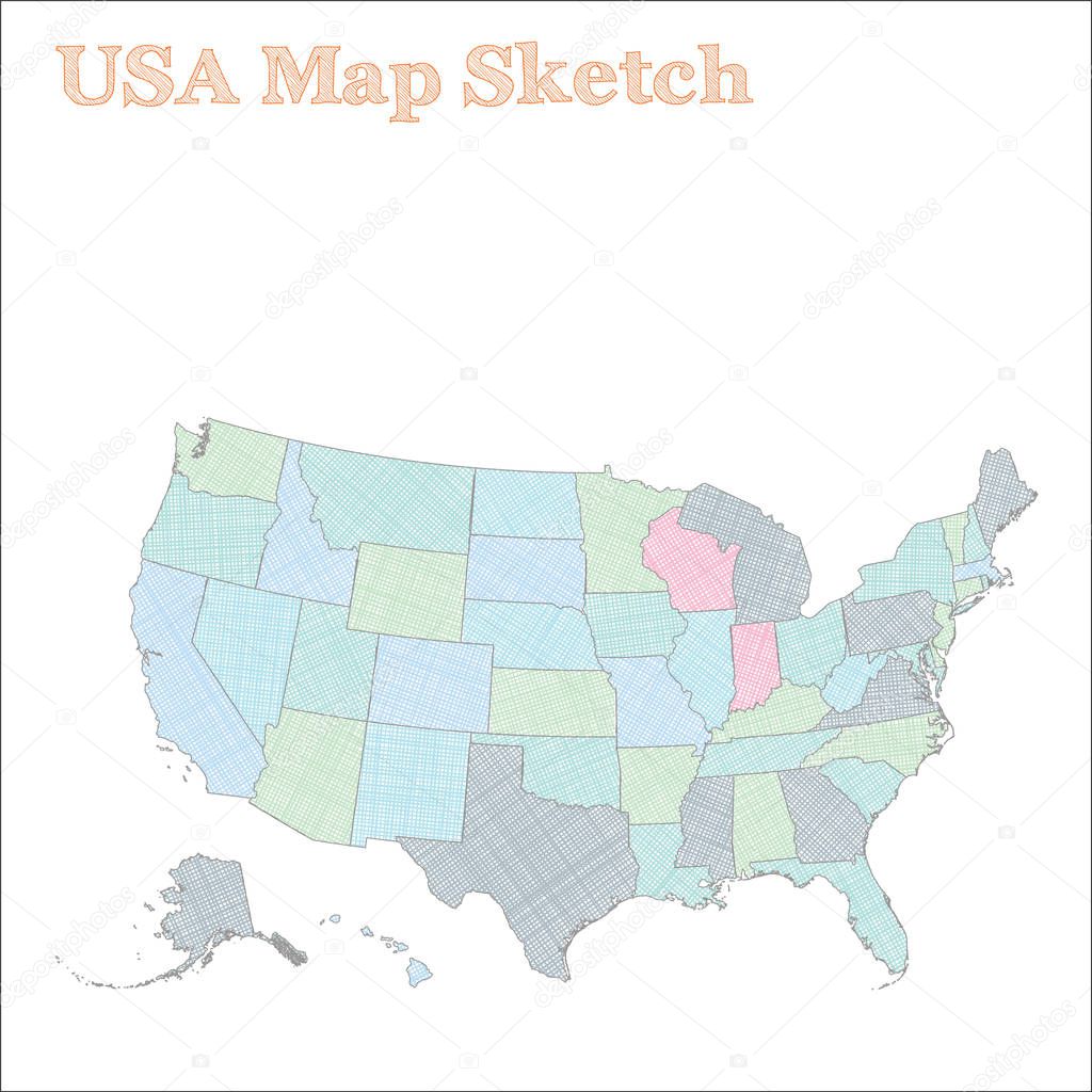 USA map Handdrawn country Exotic sketchy USA map with regions Vector illustration