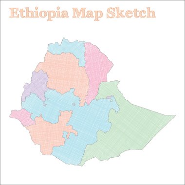 Etiyopya haritası. Elle çizilmiş bir ülke. Bölgelerle birlikte Etiyopya haritası büyüleyici. Vektör illüstrasyonu.