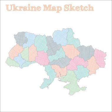 Ukrayna haritası. Elle çizilmiş bir ülke. Bölgelerle birlikte mükemmel bir Ukrayna haritası. Vektör illüstrasyonu.