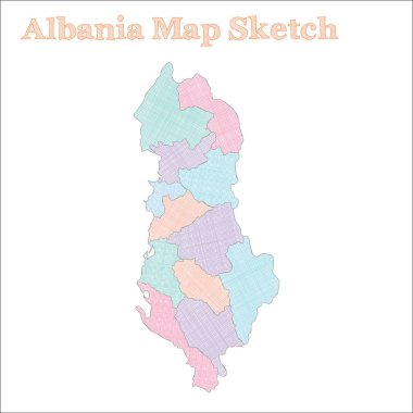 Arnavutluk haritası. Elle çizilmiş bir ülke. Bölgeli Arnavutluk haritası. Vektör illüstrasyonu.