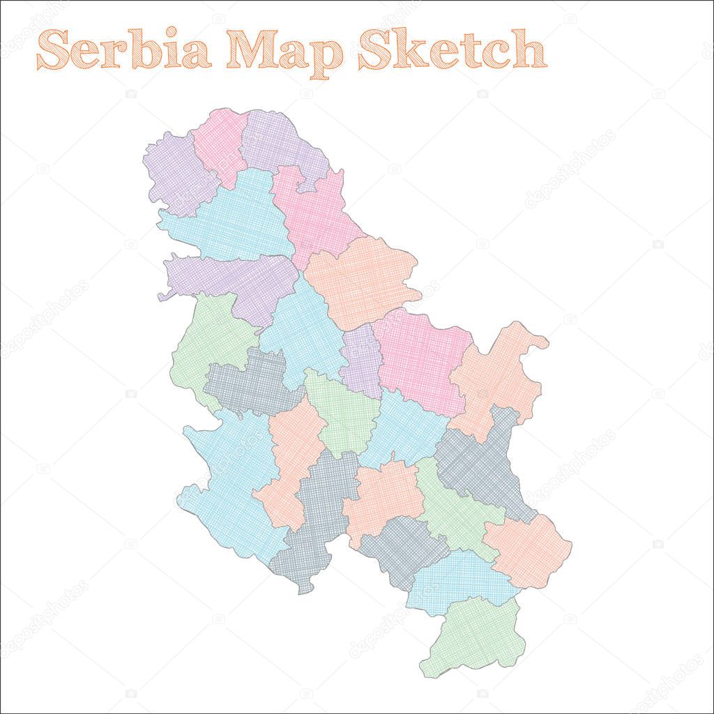 Serbia map. Hand-drawn country. Charming sketchy Serbia map with regions. Vector illustration.