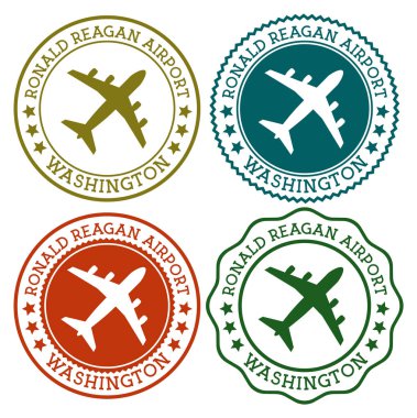 Ronald Reagan Havaalanı, Washington. Washington havaalanı logosu. Materyal renk paletinde düz pullar. Vektör illüstrasyonu.