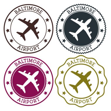 Baltimore Havaalanı. Baltimore havaalanı logosu. Materyal renk paletinde düz pullar. Vektör illüstrasyonu.